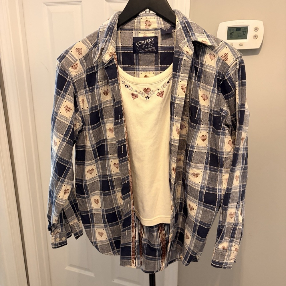 Vintage Company One Plaid Heart Faux Twinset Shirt Med Grandmacore 90s/Y2K Cozy
